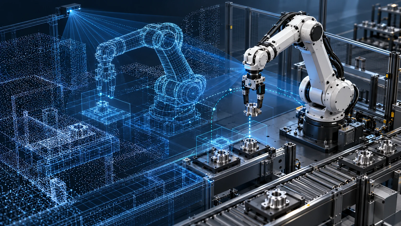 AI-generated robotic digital-twin concept showing a real-form robot and its wireframe counterpart